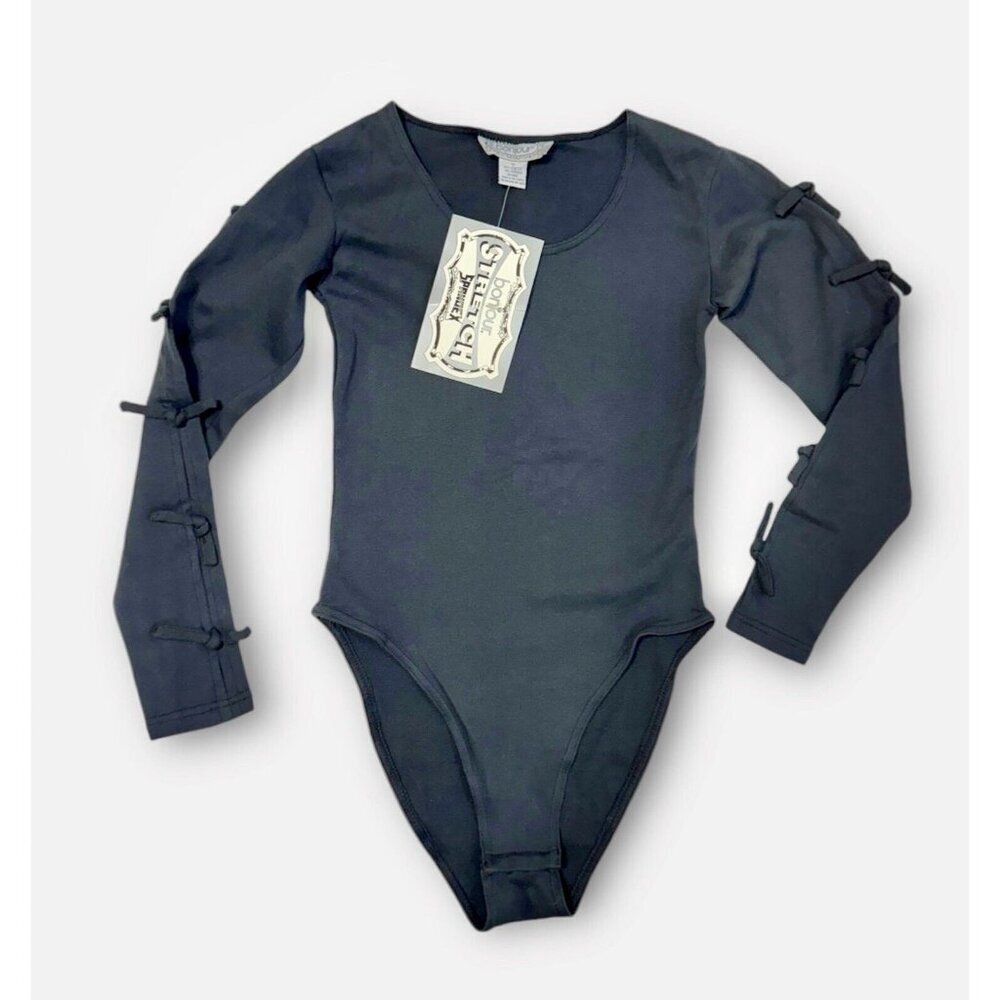 NEW 90s Bonjour Black Bodysuit Long Cutout Sleeves Womens Medium Vintage Stretch